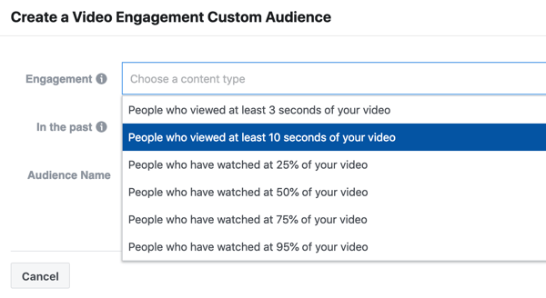 Como promover seu evento ao vivo no Facebook, etapa 9, crie uma campanha de engajamento de vídeo de pessoas que assistiram a pelo menos 10 segundos de seu vídeo