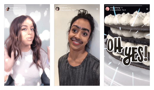 O Instagram lançou seu primeiro lote de novos efeitos de câmera desenvolvidos por Ariana Grande, Buzzfeed, Liza Koshy, Baby Ariel e NBA na câmera do Instagram e planeja trazer mais novos efeitos em breve.