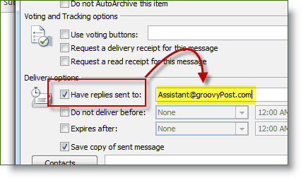 Marque a caixa de seleção Responder para no Microsoft Office 2010