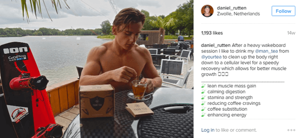 O atleta Daniel Rutten posa com Man Tea e destaca os benefícios para seus seguidores no Instagram.