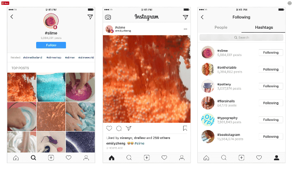 Para tornar as postagens e outros usuários ainda mais detectáveis ​​na plataforma, o Instagram introduziu hashtags que os usuários podem seguir e descobrir as principais postagens e as últimas histórias. 