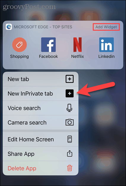 Selecione Nova guia InPrivate no ícone Edge no iOS