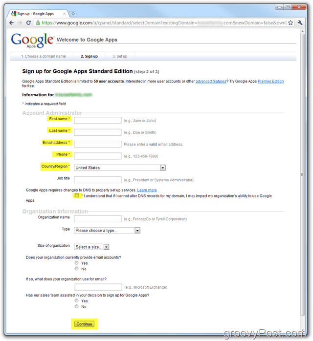 Inscrição no Google Apps Standard Edition Digite o domínio