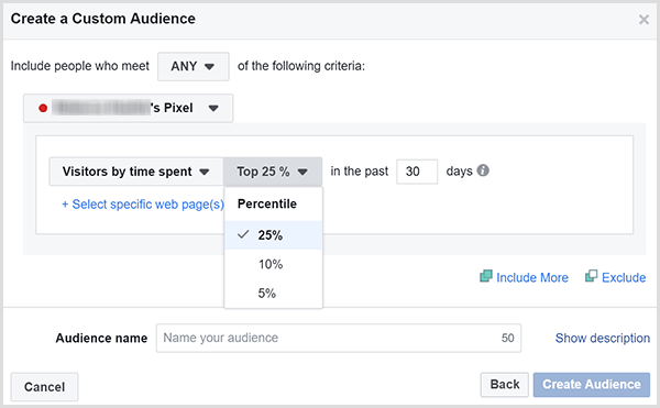 A caixa de diálogo Criar um público personalizado do Facebook tem opções para direcionar anúncios para os clientes que passaram a maior parte do tempo em seu site.