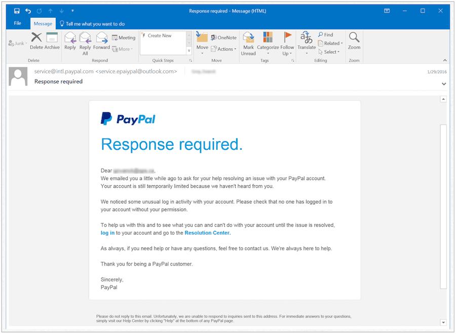Aviso falso do PayPal