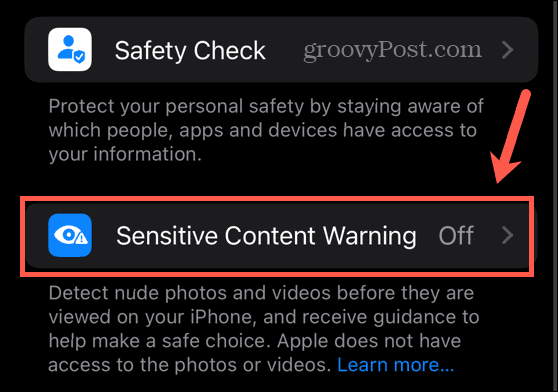 configurações de aviso de conteúdo sensível do iOS