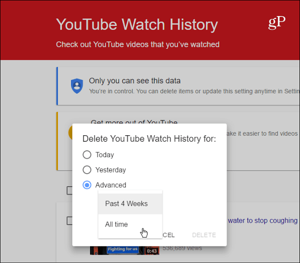 Excluir histórico de exibição do YouTube