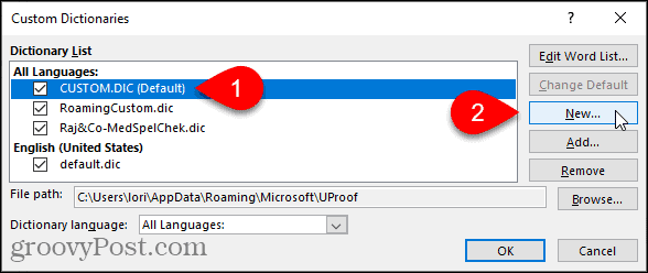 Clique em Novo na caixa de diálogo Dicionários personalizados no Word