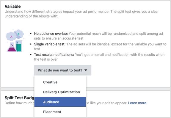 Recurso de teste de divisão do Facebook