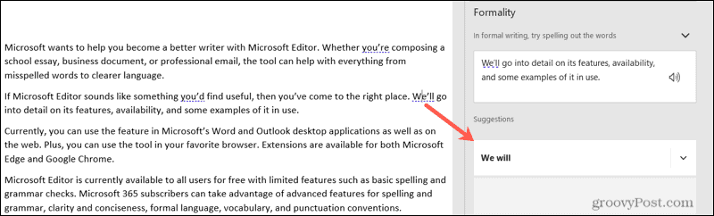 Sugestão do Microsoft Editor