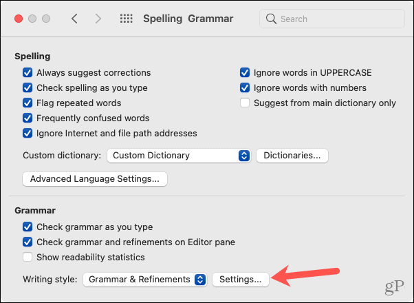 Opções do Mac Word, configurações de gramática