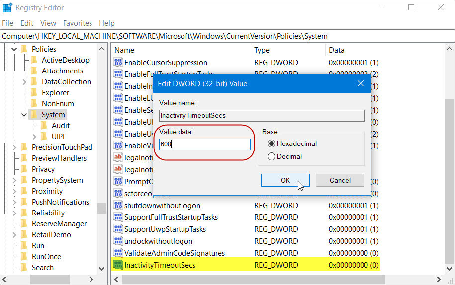 Registro do InactivityTimeoutSecs Versão do Windows 10 Home