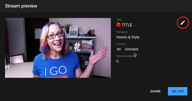 opções de visualização da transmissão ao vivo do youtube para ver sua pose de miniatura, revisar seu título e categoria e configurações de privacidade, com a opção de edição destacada