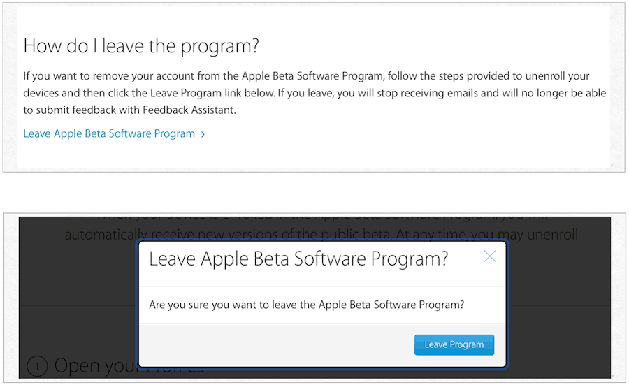 sair do programa beta da apple