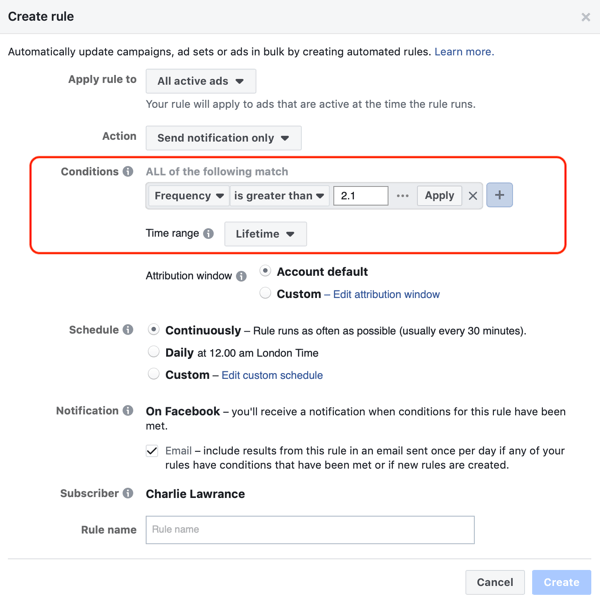 Use as regras automatizadas do Facebook, notificação quando a frequência do anúncio estiver acima de 2.1, etapa 2, configurações de condições
