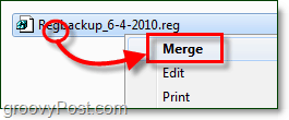mesclar um arquivo de registro para restaurá-lo no Windows 7 e Vista