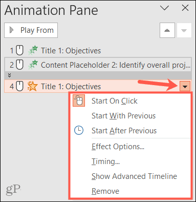 Opções de animação no painel