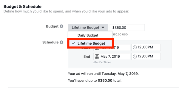 Dicas para reduzir seus custos de anúncios do Facebook, opção de definir o orçamento da campanha para o orçamento vitalício