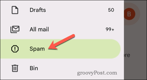 Abra a pasta de spam do Gmail no aplicativo móvel