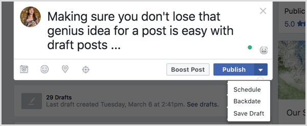 Salve sua postagem do Facebook como um rascunho.