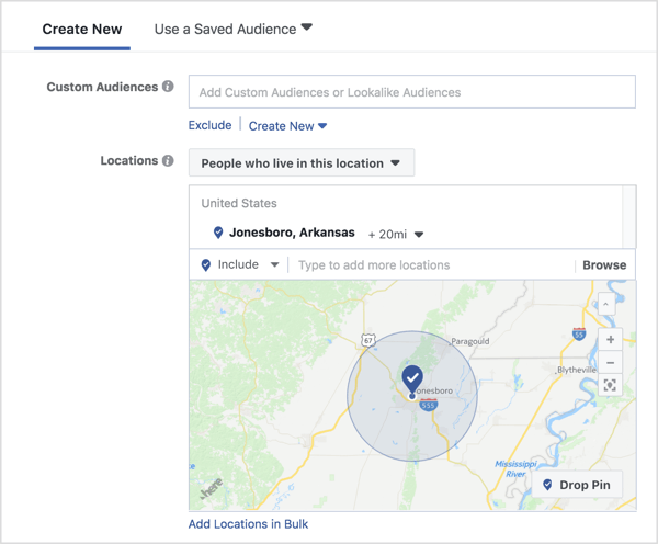 Selecione a segmentação para um anúncio de engajamento do Facebook.