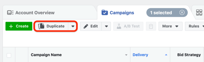 Botão duplicar no Gerenciador de Anúncios do Facebook