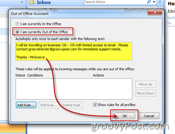 Habilitar Ativar a resposta automática do Assistente de ausência temporária do Microsoft Outlook