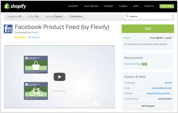 Página do plugin do Facebook Product Feed da Flexify