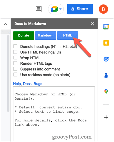 Converta para HTML usando o Docs para Markdown no Google Docs