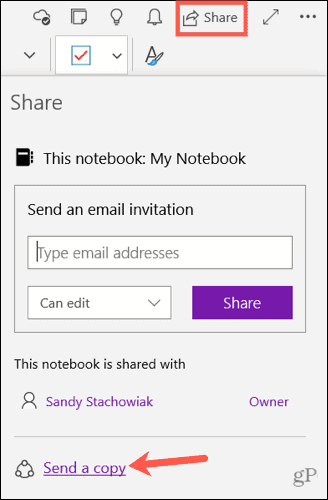 Envie uma cópia de uma nota no OneNote para Windows 10