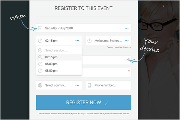 Andrew Hubbard usa um webinar permanente para que os clientes em potencial possam escolher um horário de registro conveniente. Este formulário de registro permite que as pessoas selecionem 11h45, 14h ou 17h.