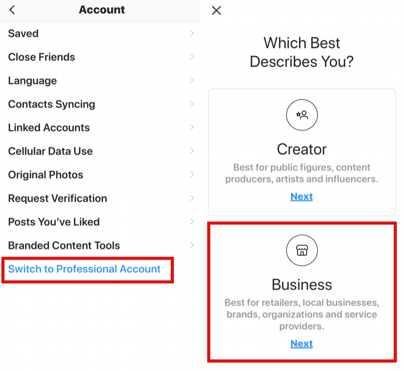 como mudar do perfil pessoal do Instagram para o perfil empresarial