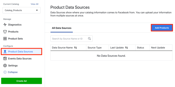 Use a ferramenta de configuração de eventos do Facebook, etapa 22, opção de menu para adicionar produtos por meio da guia de fontes de dados do produto no Facebook