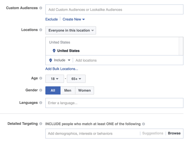 opções de segmentação de público-alvo de anúncios do Facebook