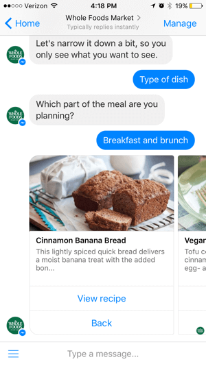 O chatbot da Whole Foods oferece valor por meio do conteúdo, em vez de vender diretamente aos usuários.