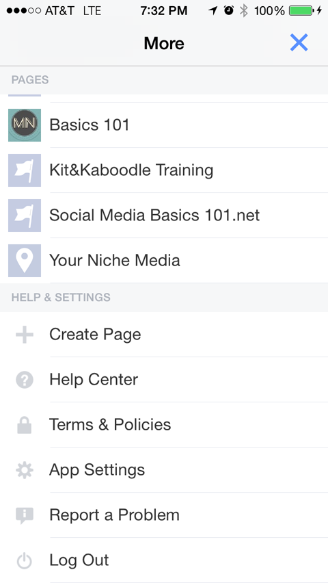 menu de gerenciamento de aplicativos de páginas do Facebook