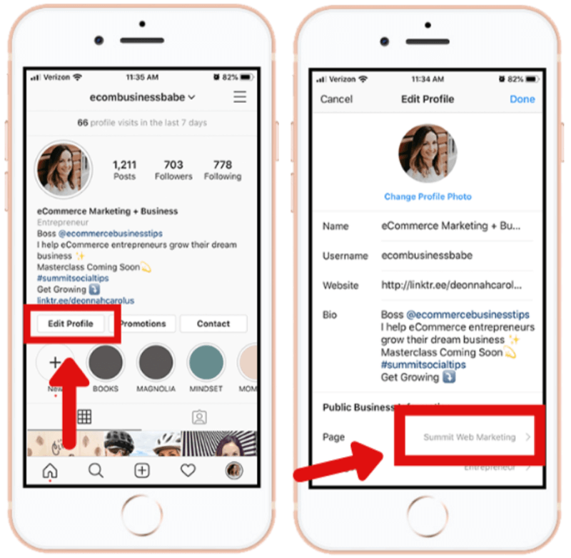 como conectar a conta empresarial do Instagram à página do Facebook no aplicativo Instagram