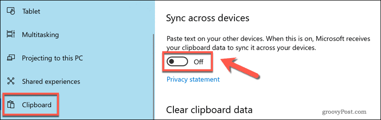 Ativar sincronização da área de transferência em nuvem no Windows 10
