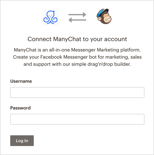 Faça login em sua conta MailChimp via ManyChat.