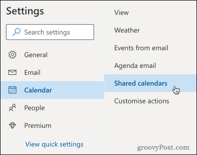 Opção de calendários compartilhados no Outlook