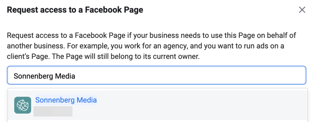 imagem da tela Solicitar acesso a uma página do Facebook no Meta Business Manager