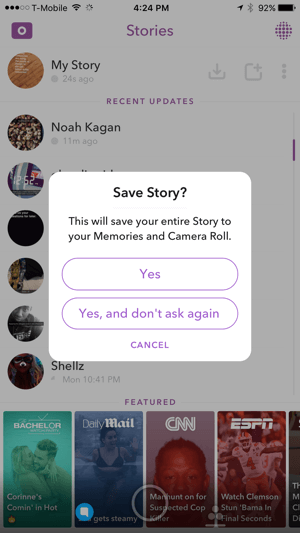 Toque em Sim para salvar sua história do Snapchat.