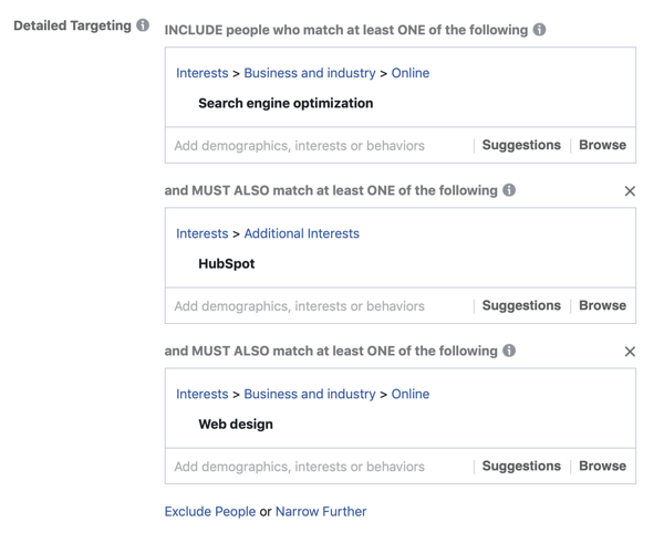 Exemplo de adição de uma terceira camada de seus resultados aos interesses do público-alvo de seus anúncios do Facebook usando um segundo campo de correspondência TAMBÉM.