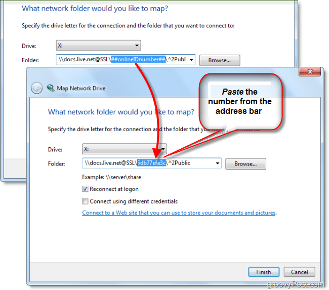 cole seu Windows Live ID na unidade de rede do mapa