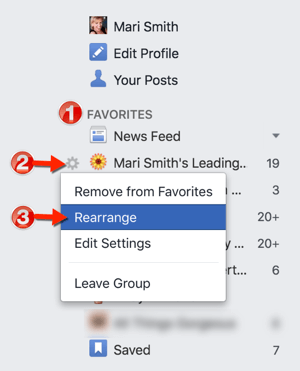 Facebook reorganizar favoritos