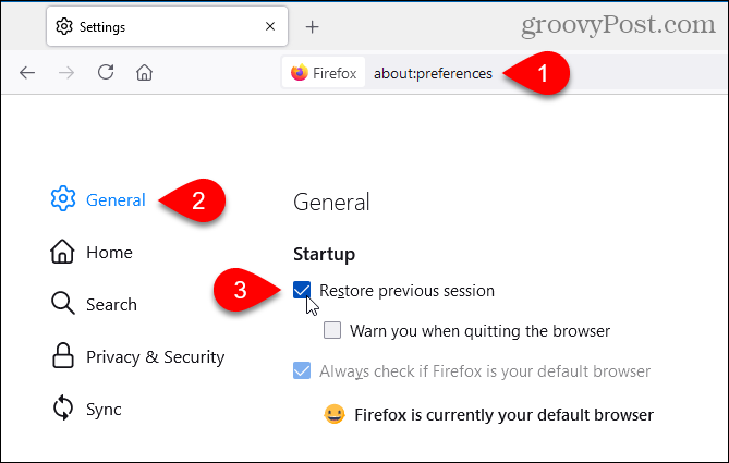 No Firefox, selecione Restaurar sessão anterior