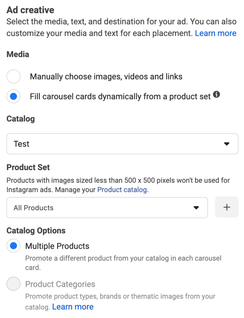 image of Preencher cartões de carrossel dinamicamente a partir de uma opção de conjunto de produtos selecionada durante a configuração de anúncios do Facebook