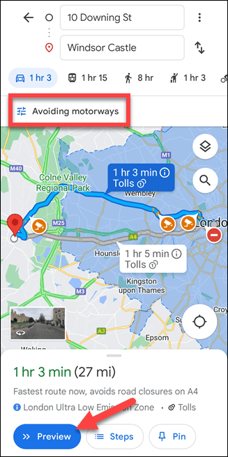 Rota móvel do Google Maps sem rodovias