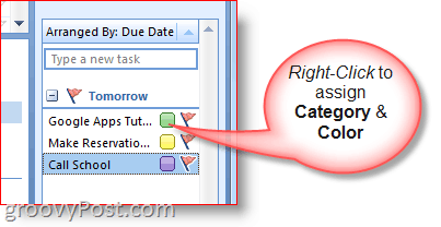 Barra de tarefas do Outlook 2007 - Clique com o botão direito na tarefa para selecionar cores e categoria