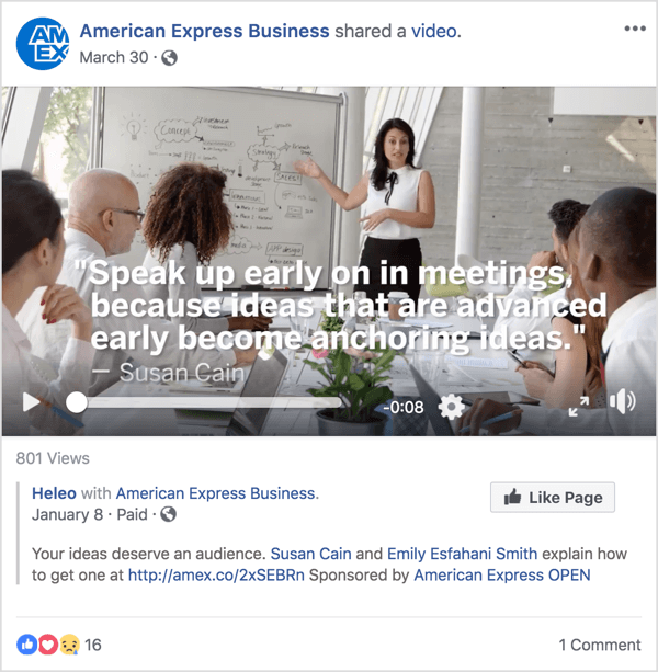 Este anúncio no Facebook da American Express Business apresenta Susan Cain, uma conhecida especialista em liderança e gestão que alcançou a fama com uma recente TED Talk.